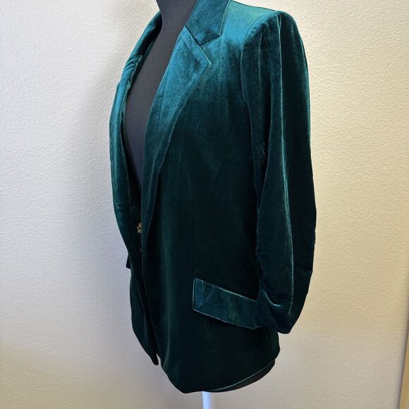 Skies Are Blue NWT Blazer Womens XS Ruched 3/4 Sleeve Velvet Open Front Green - Picture 2 of 13